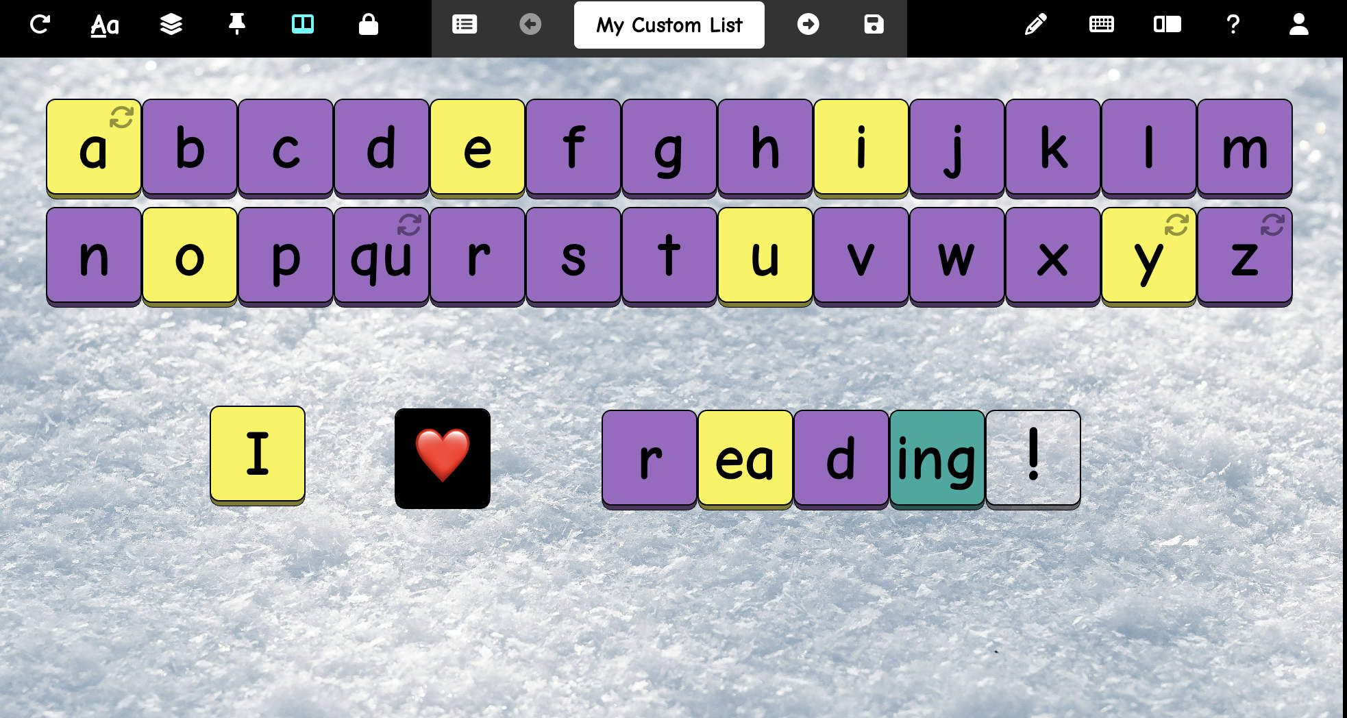 Screenshot of TacTilesPlus interface showing a student sentence built with digital tiles.