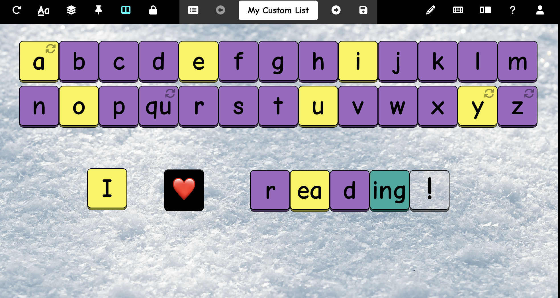 Screenshot of TacTilesPlus interface showing a student sentence built with digital tiles.